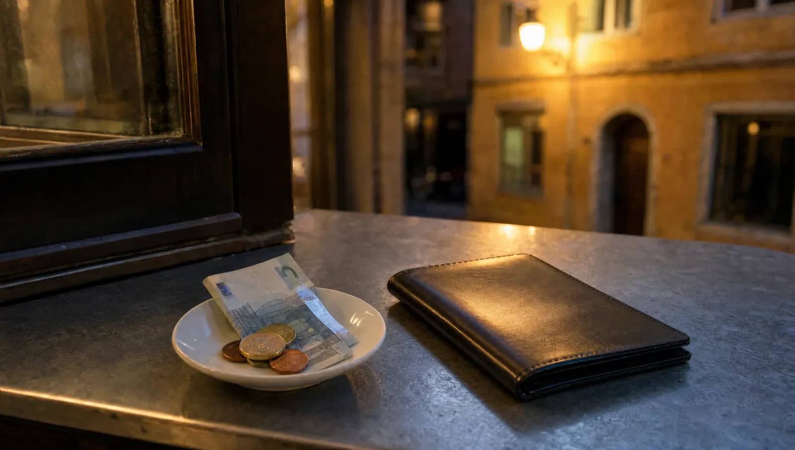 Pourboire laisse dans une soucoupe, pieces et billet, a cote d'un porte-addition sur le comptoir en zinc d'un bistrot lyonnais