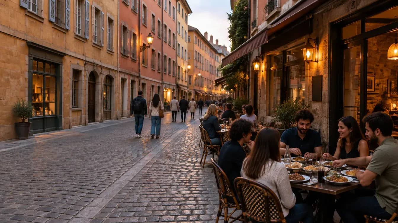 Terrasse d'un restaurant rue Saint-Jean dans le Vieux Lyon en début de soirée, façades Renaissance ocre et pavés