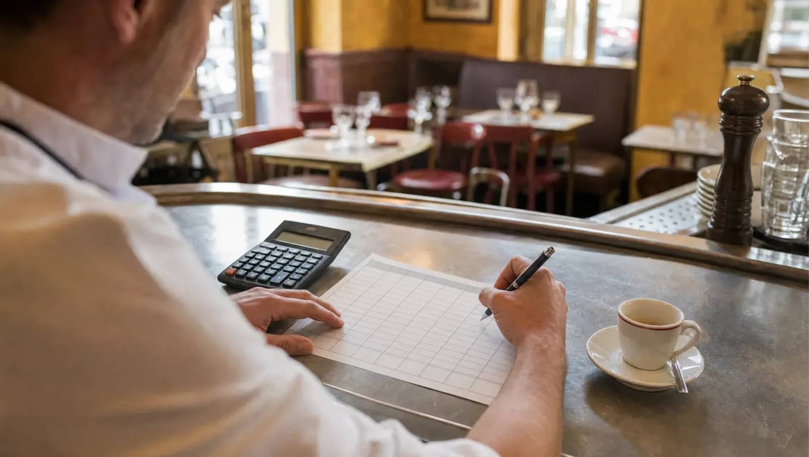 Un restaurateur remplit le planning hebdomadaire de son équipe au comptoir de son bistrot, calculatrice à la main