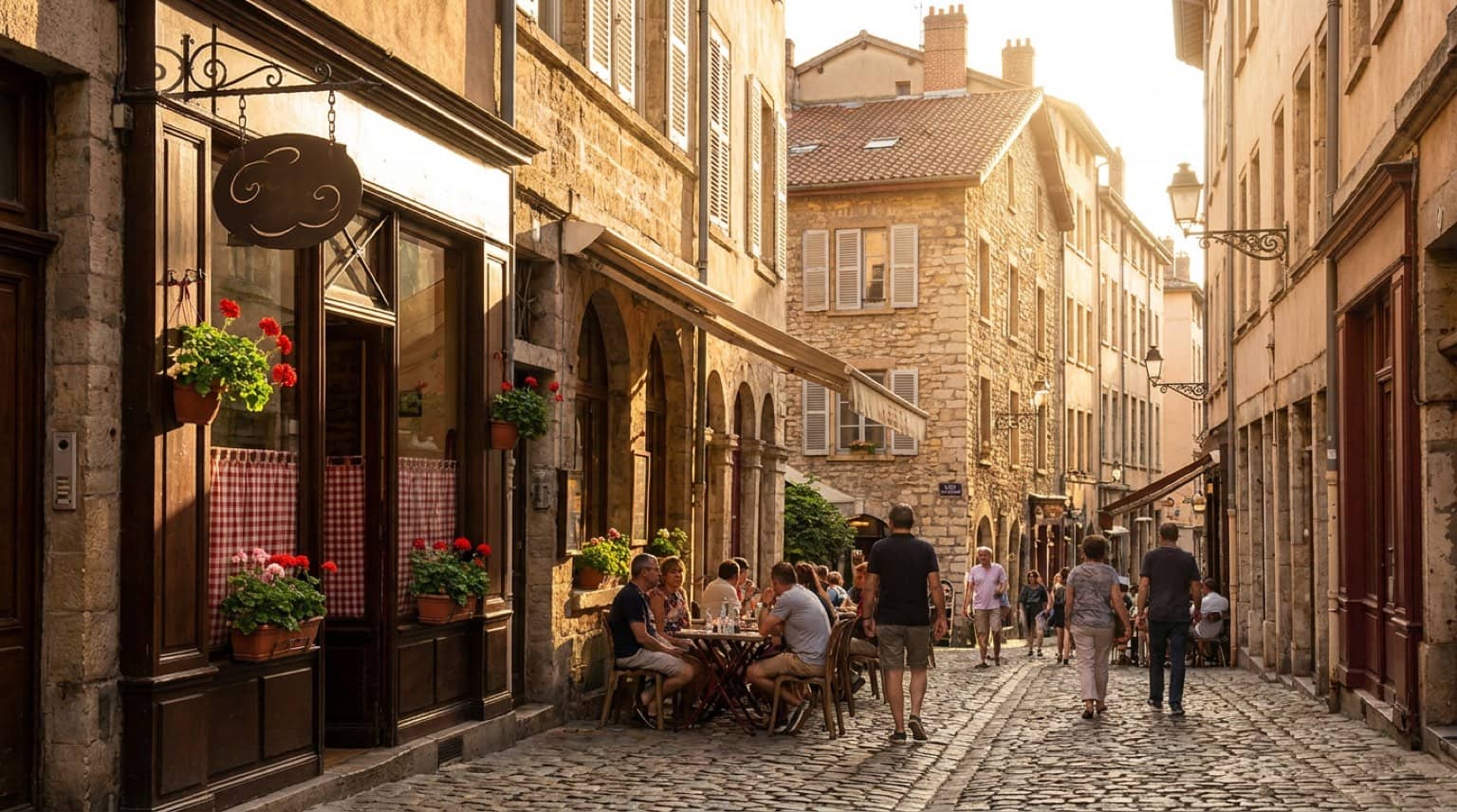 Ruelle pavée du Vieux Lyon devant la façade d'un bouchon traditionnel