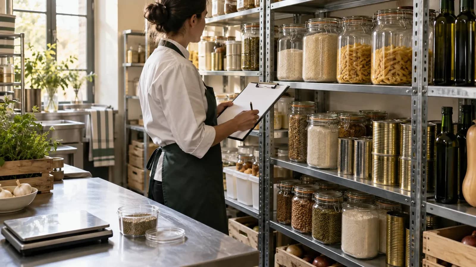 Comptage des réserves dans une cuisine de restaurant — illustration originale