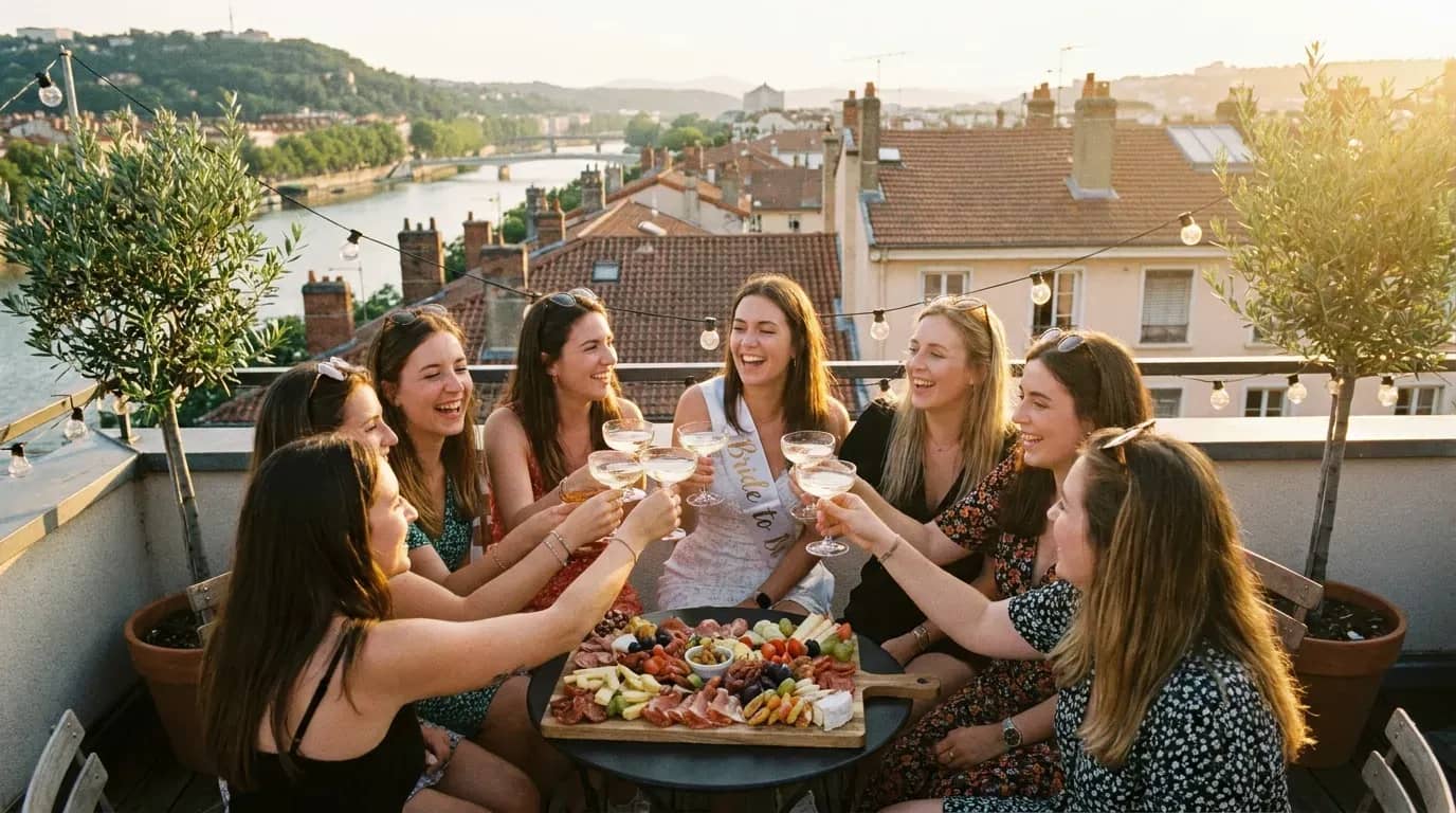 Groupe d'amies trinquant sur un rooftop lyonnais lors d'un EVJF au coucher du soleil