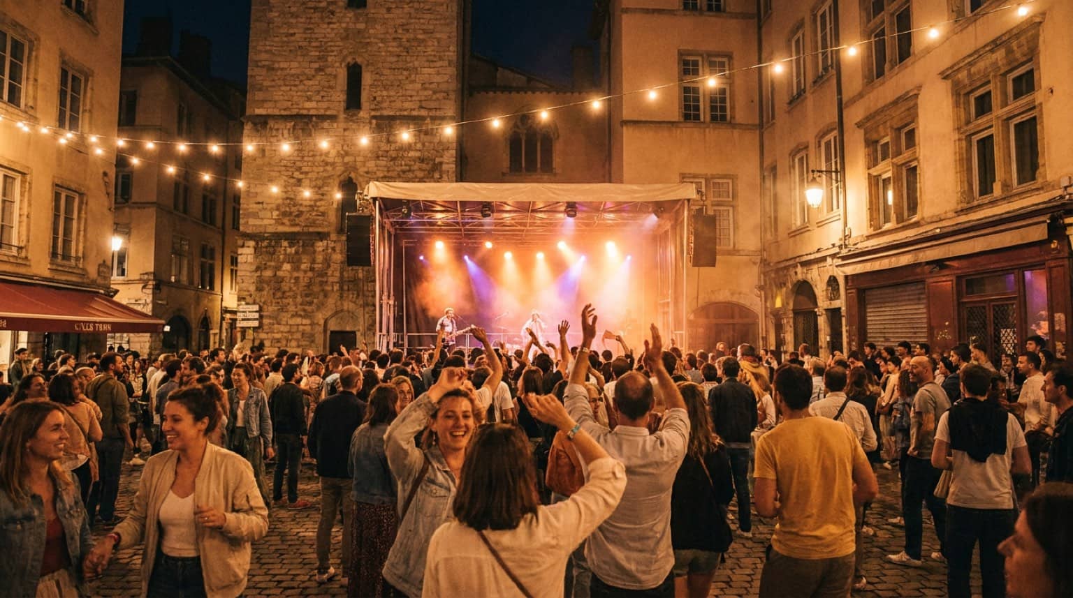 Foule en fête lors d'un concert en plein air sur une place de Lyon pour la Fête de la Musique
