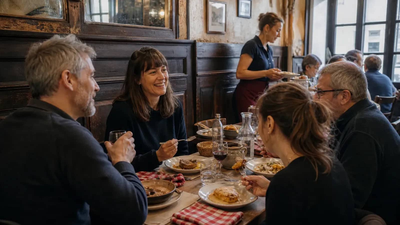 Déjeuner convivial du dimanche dans un bouchon lyonnais traditionnel