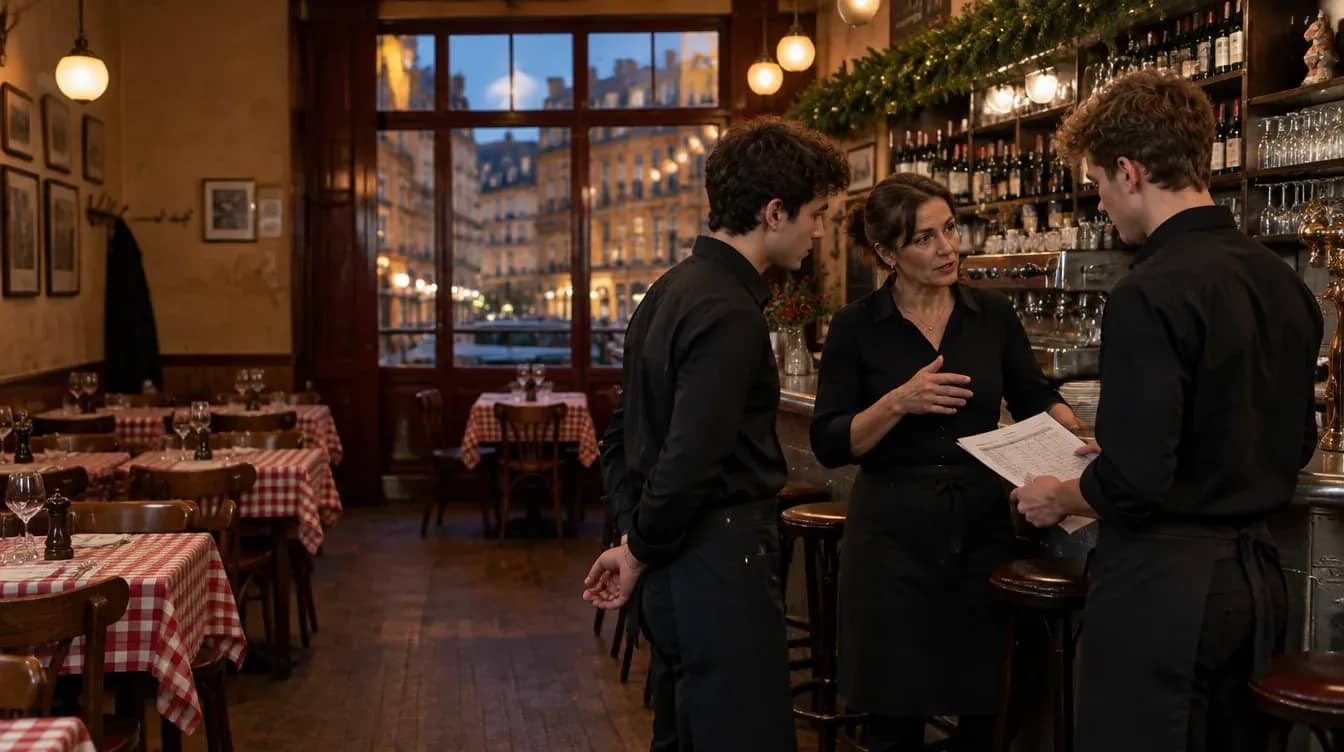 Une restauratrice briefe deux extras en tenue noire au comptoir d'un bouchon lyonnais décoré pour les fêtes, avant le service du soir