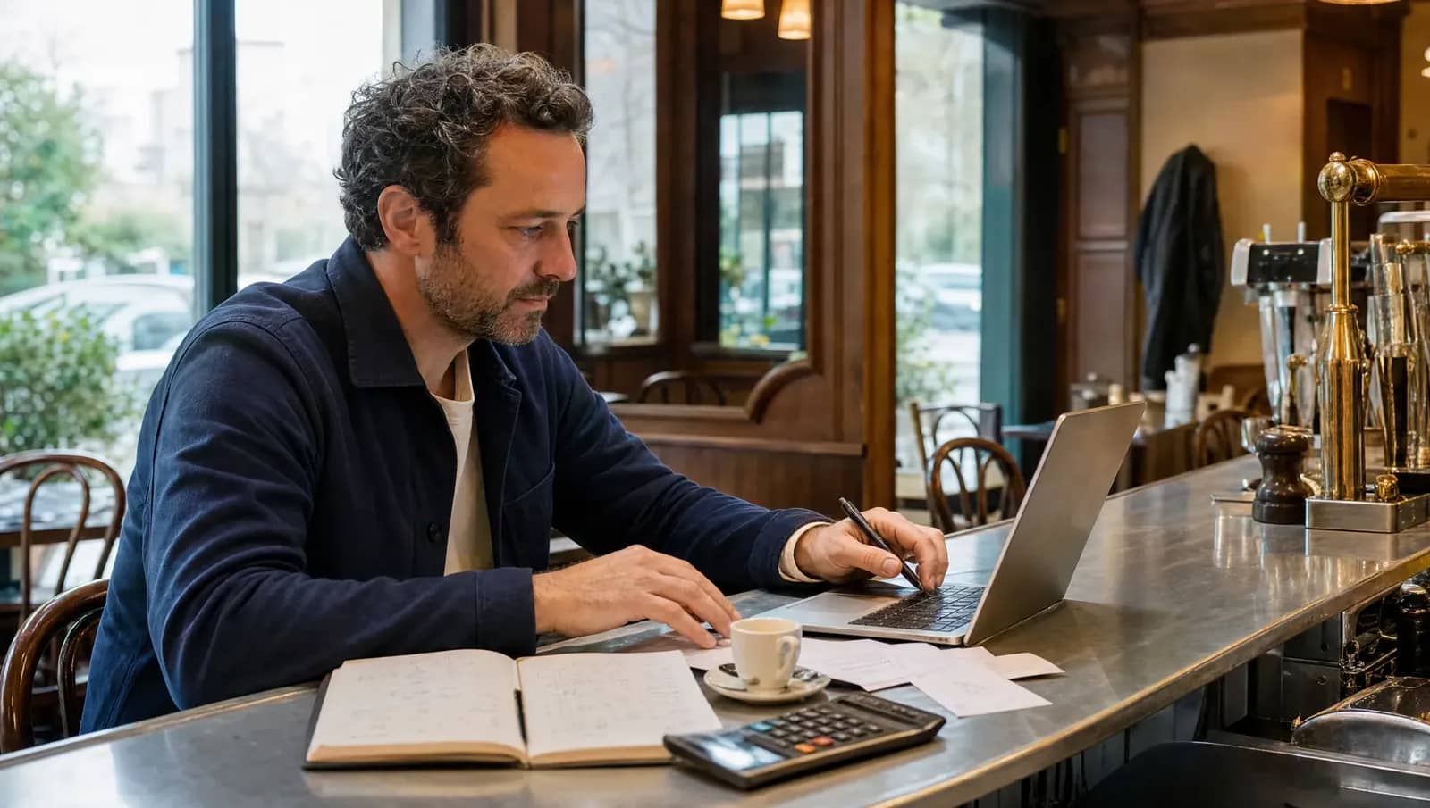 Restaurateur au comptoir en zinc d'un bistrot lyonnais révisant sa trésorerie sur un ordinateur, avec carnet de comptes et calculatrice.