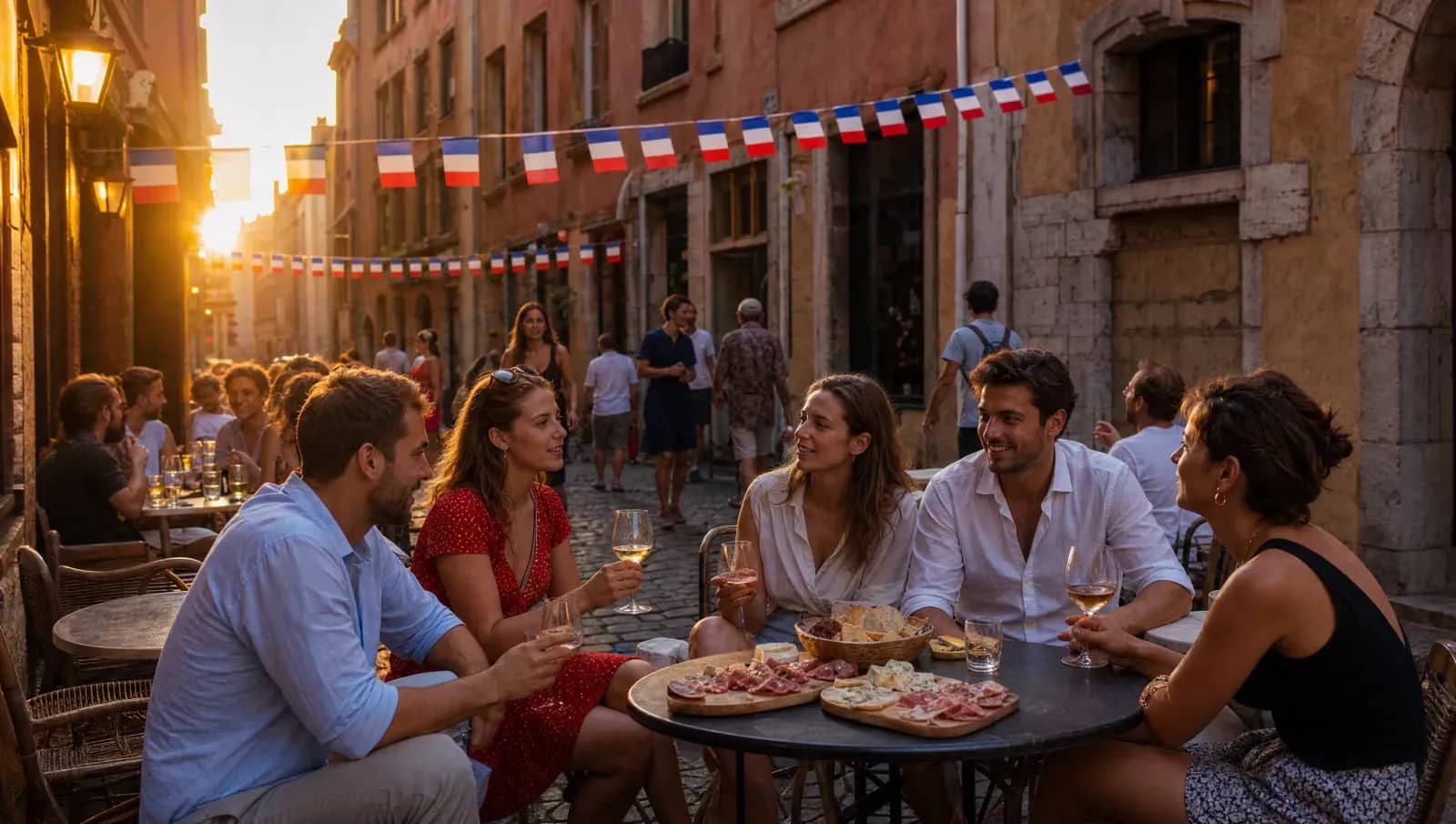 Apéritif en terrasse dans une rue du Vieux Lyon décorée de fanions tricolores au soleil couchant