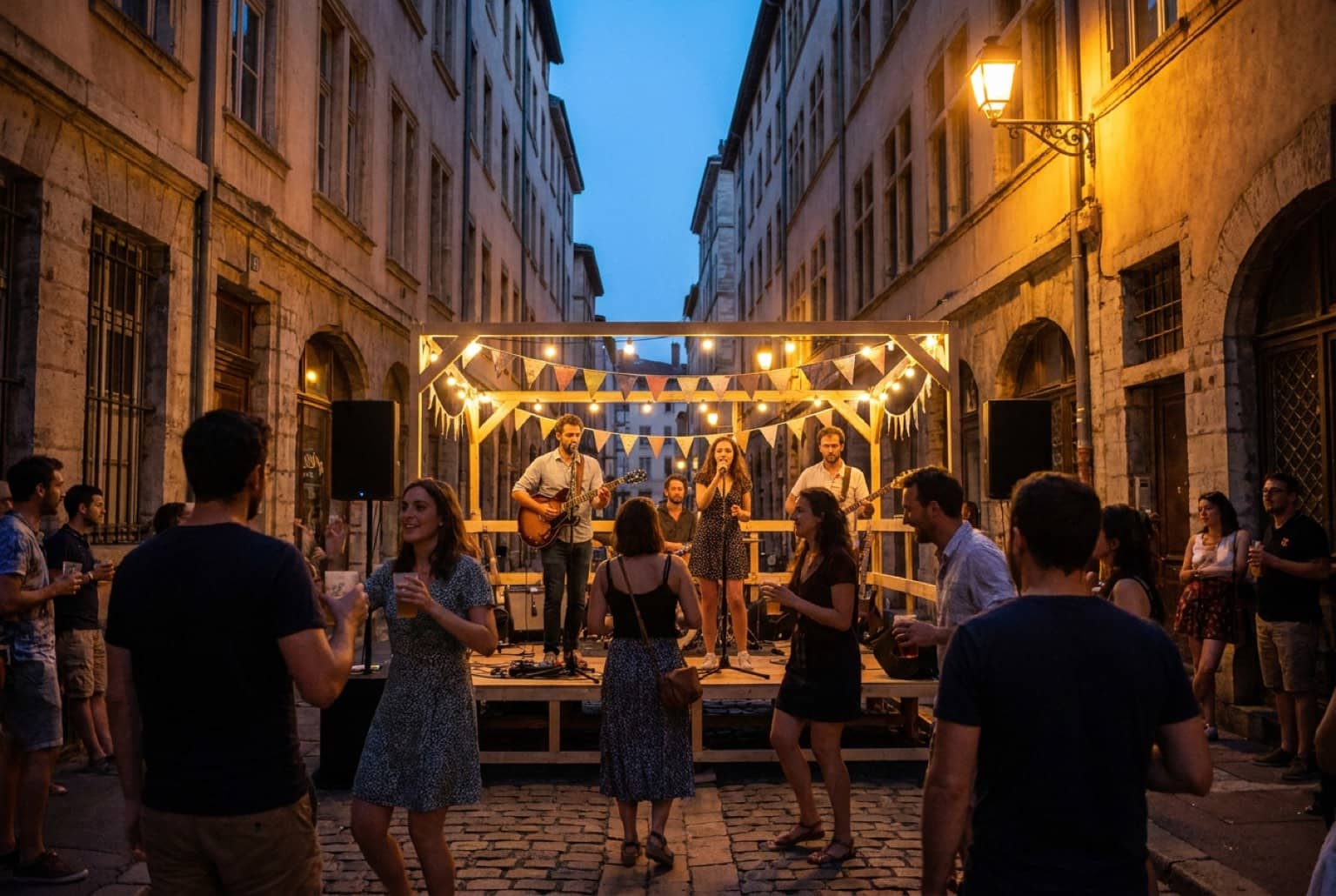 Groupe de musique en concert sur une scène de rue dans le Vieux Lyon à la tombée de la nuit