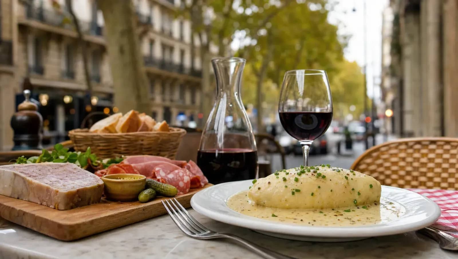 Quenelle sauce crémeuse et planche de charcuterie sur une table de bouchon lyonnais en terrasse