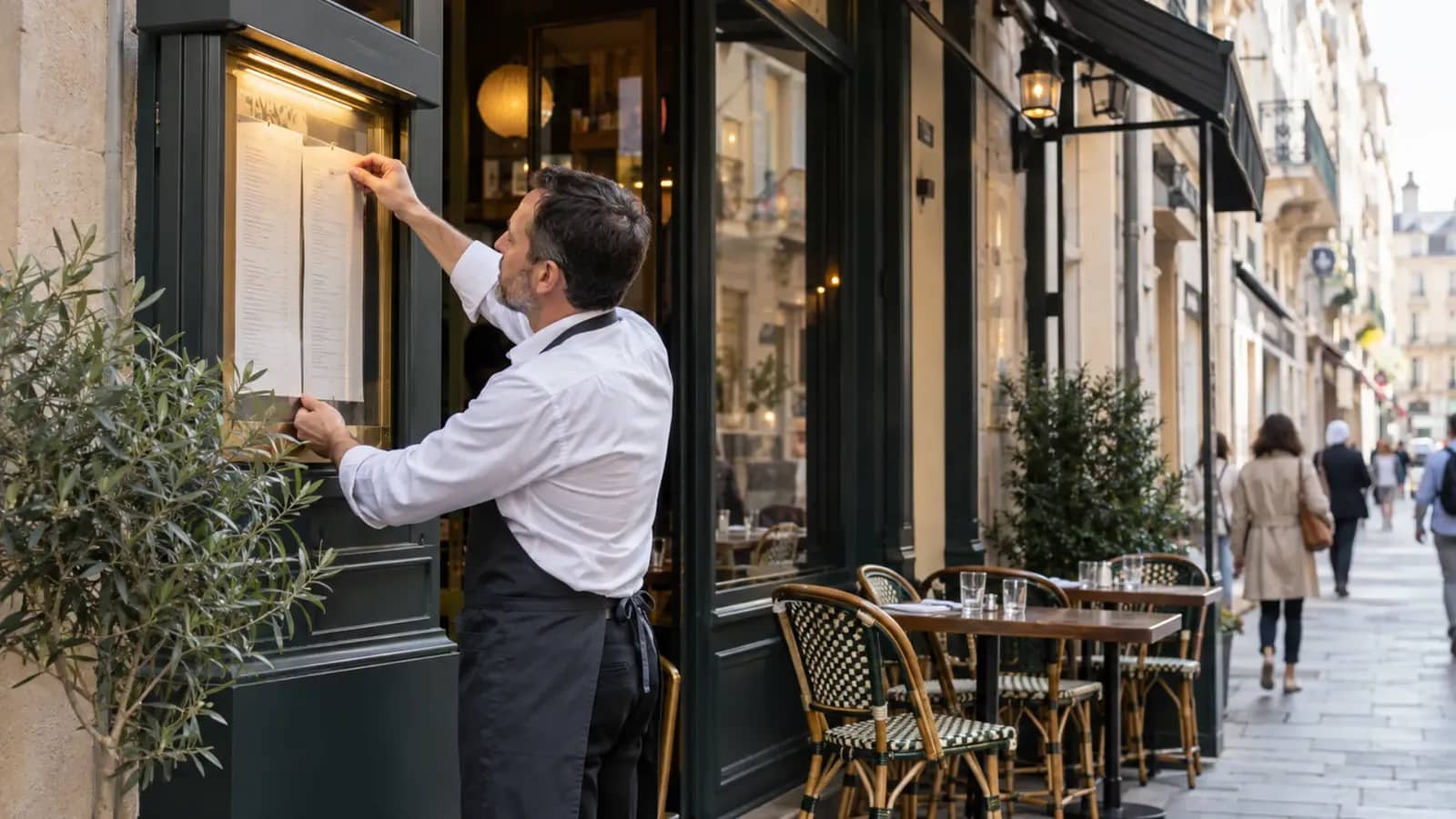 Un restaurateur met à jour la carte affichée à l’entrée de son établissement lyonnais