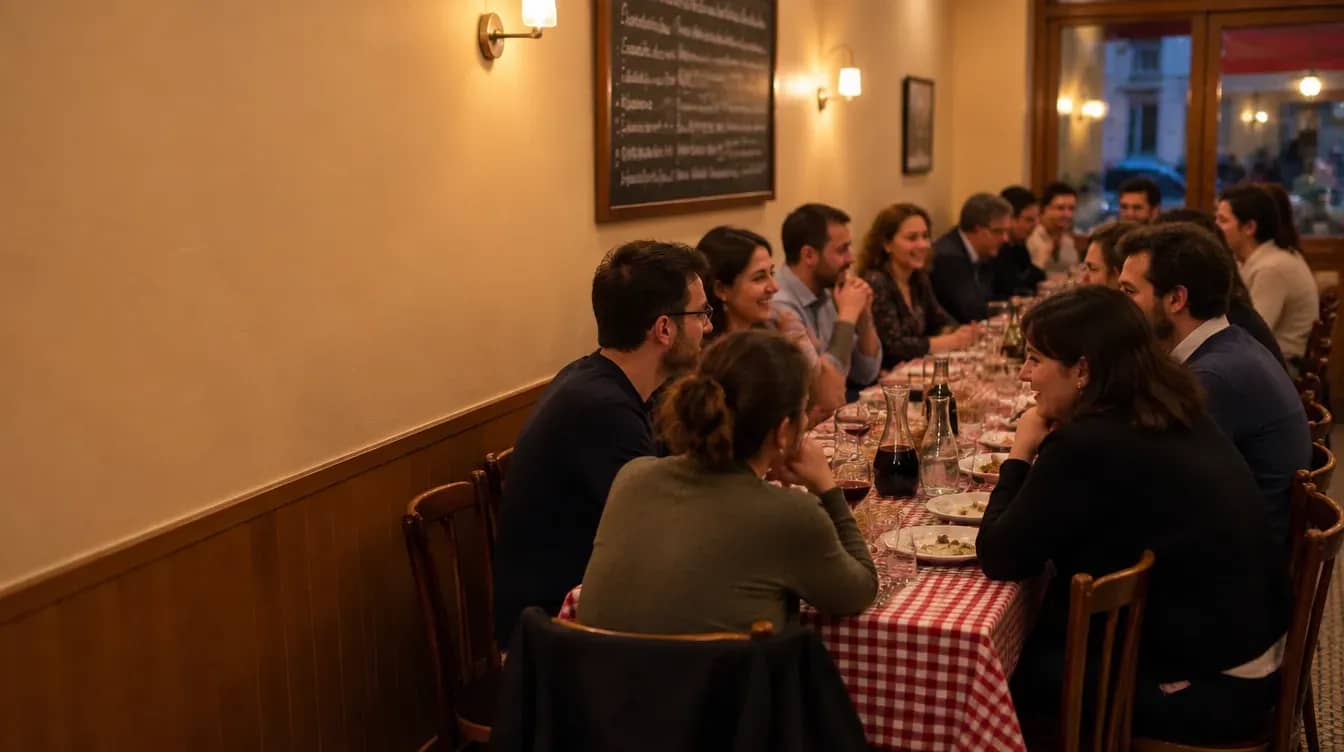 Grande tablée de collègues dînant sur des nappes vichy dans une brasserie de quartier à Gerland, Lyon 7e