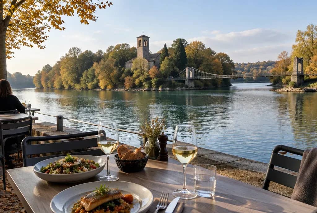 Table en terrasse au bord de la Saône à Saint-Rambert, face à l'Île Barbe et à sa passerelle, Lyon 9e