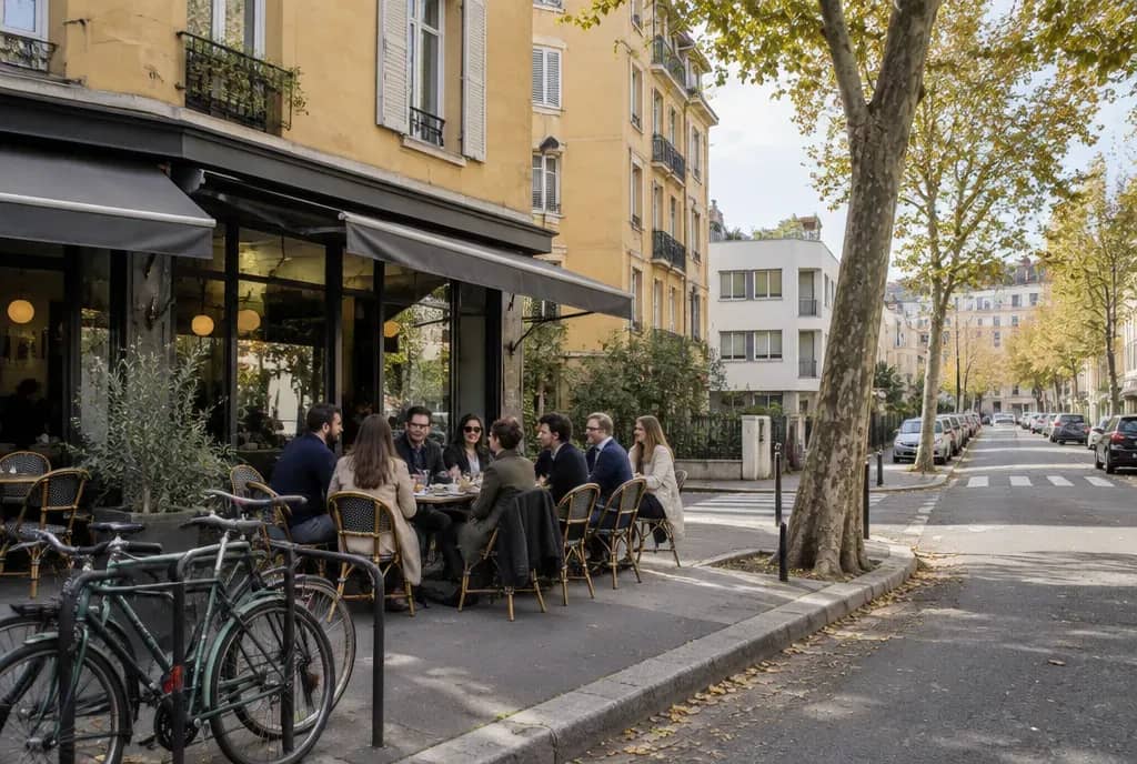 Groupe de collègues déjeunant en terrasse d'une brasserie de rue à Gerland, Lyon 7e, sous les platanes