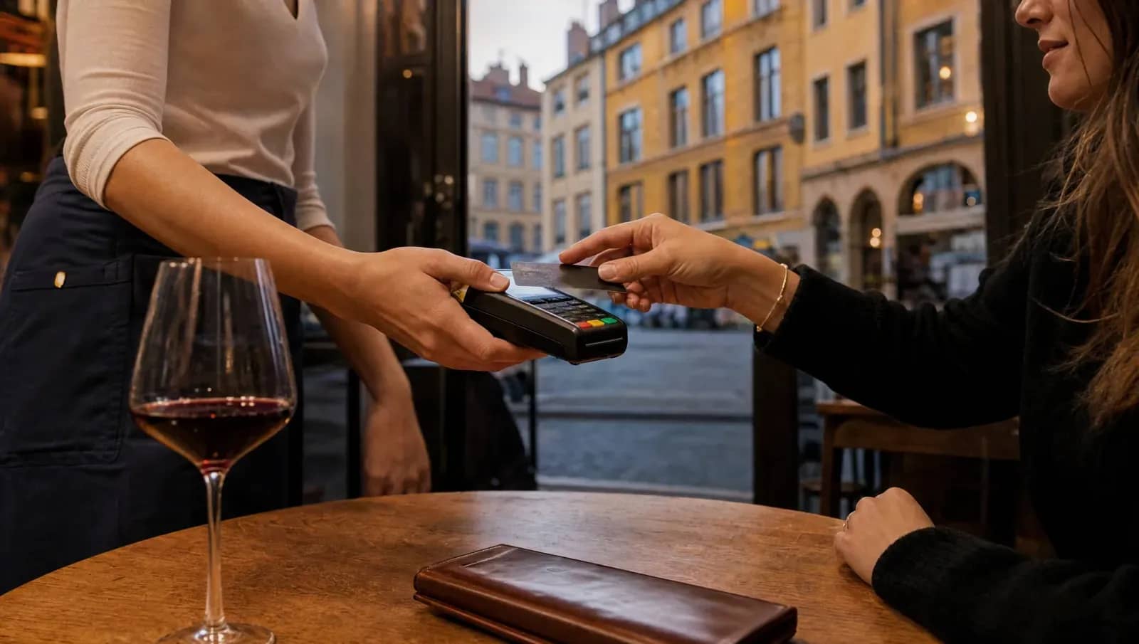 Cliente reglant l'addition par carte sur un terminal tendu par une serveuse dans un bistrot de Lyon, verre de vin rouge sur la table