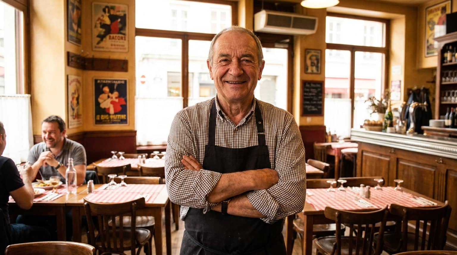 Restaurateur souriant dans la salle de son bistrot lyonnais