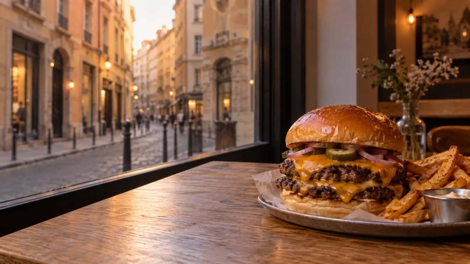 Double smash burger et frites dans un restaurant lyonnais