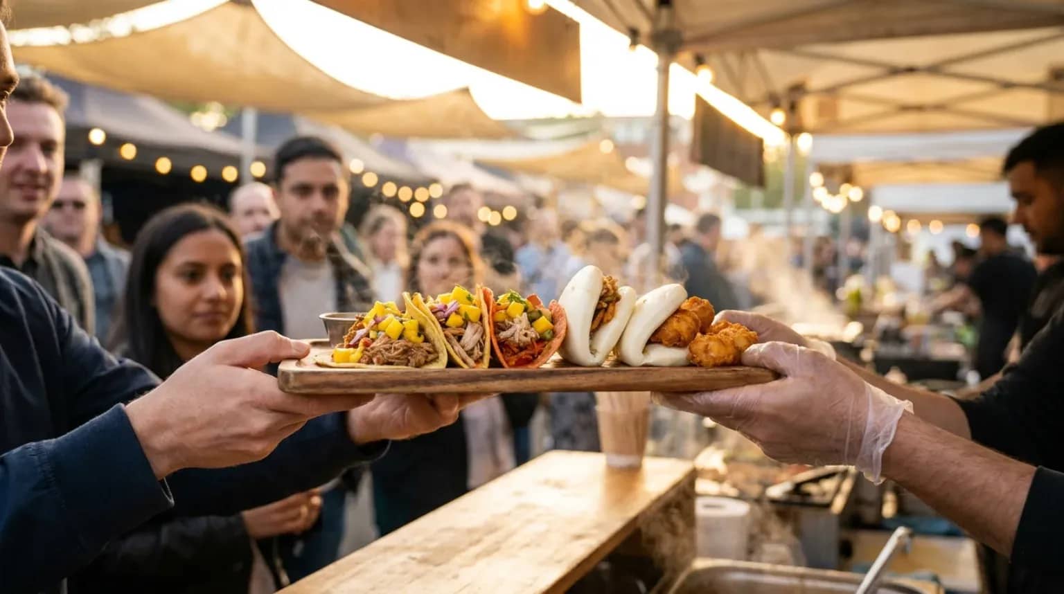 Plateau de street food internationale, tacos, bao et beignets dorés, servi sur un stand du Lyon Street Food Festival.